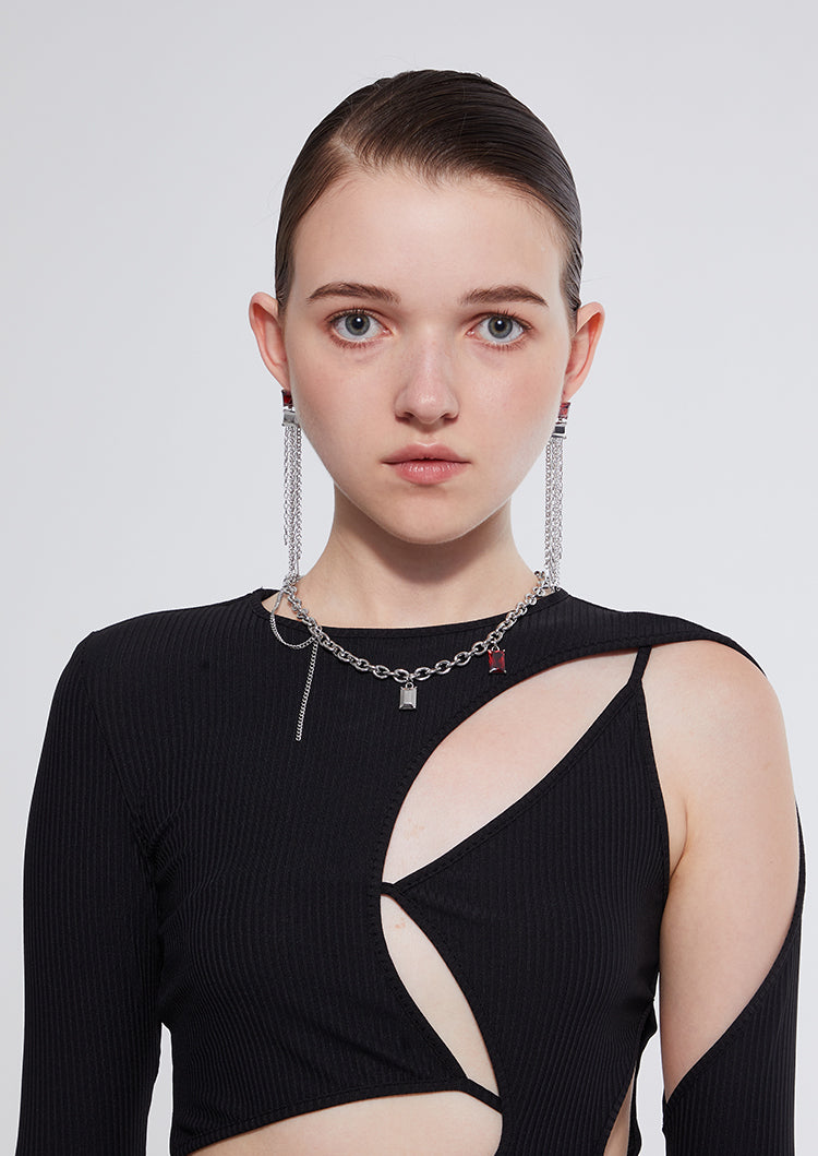 Boucle d'oreille à pompon double et rectangulaire