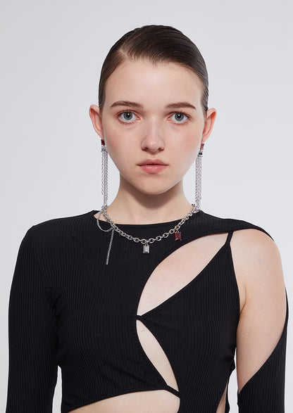 Boucle d'oreille à pompon double et rectangulaire