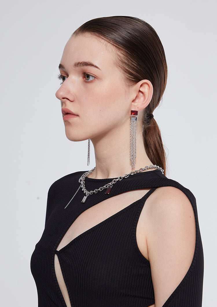 Boucle d'oreille à pompon double et rectangulaire