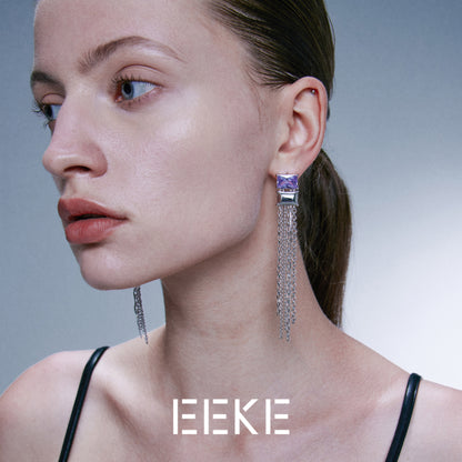 Boucle d'oreille à pompon double et rectangulaire