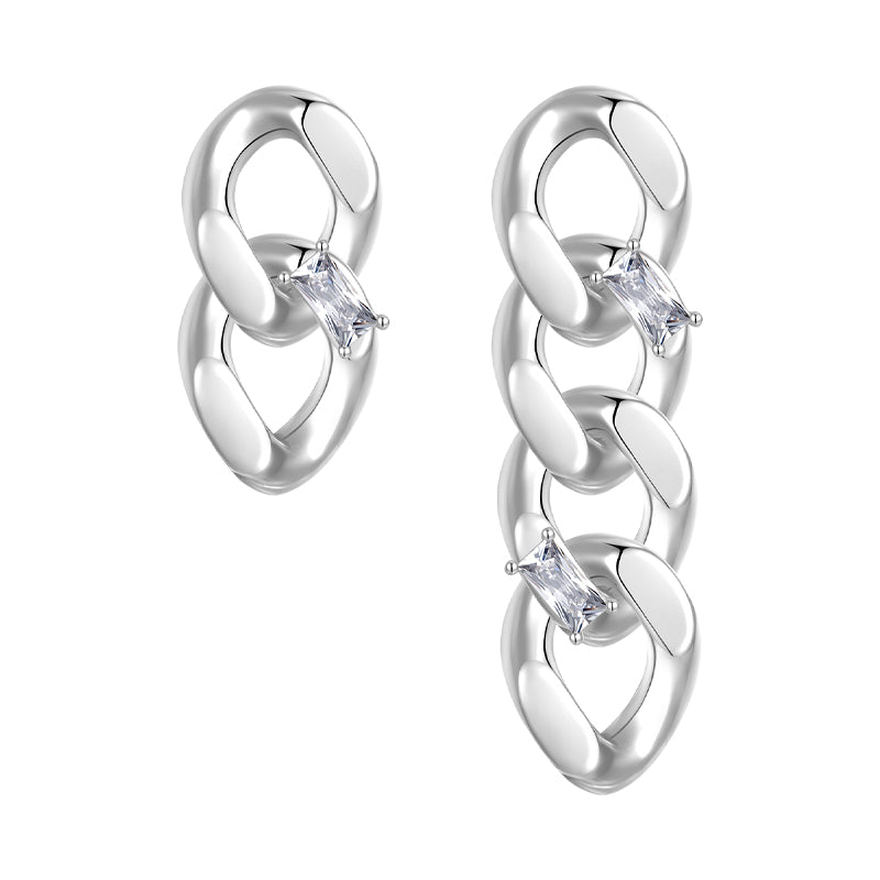 Flat chain asymmetric crystal diamond earrings