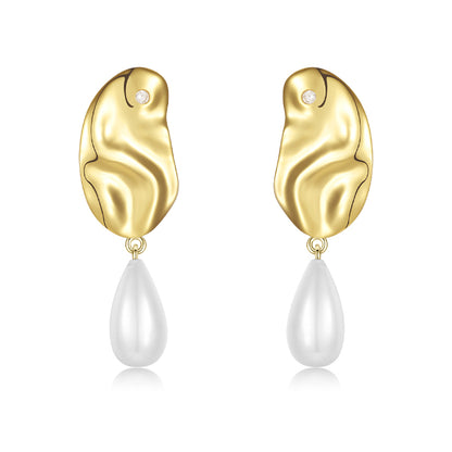 Flowing Metal Pearl Stud Earrings