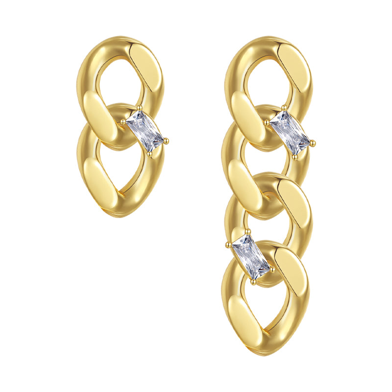 Flat chain asymmetric crystal diamond earrings