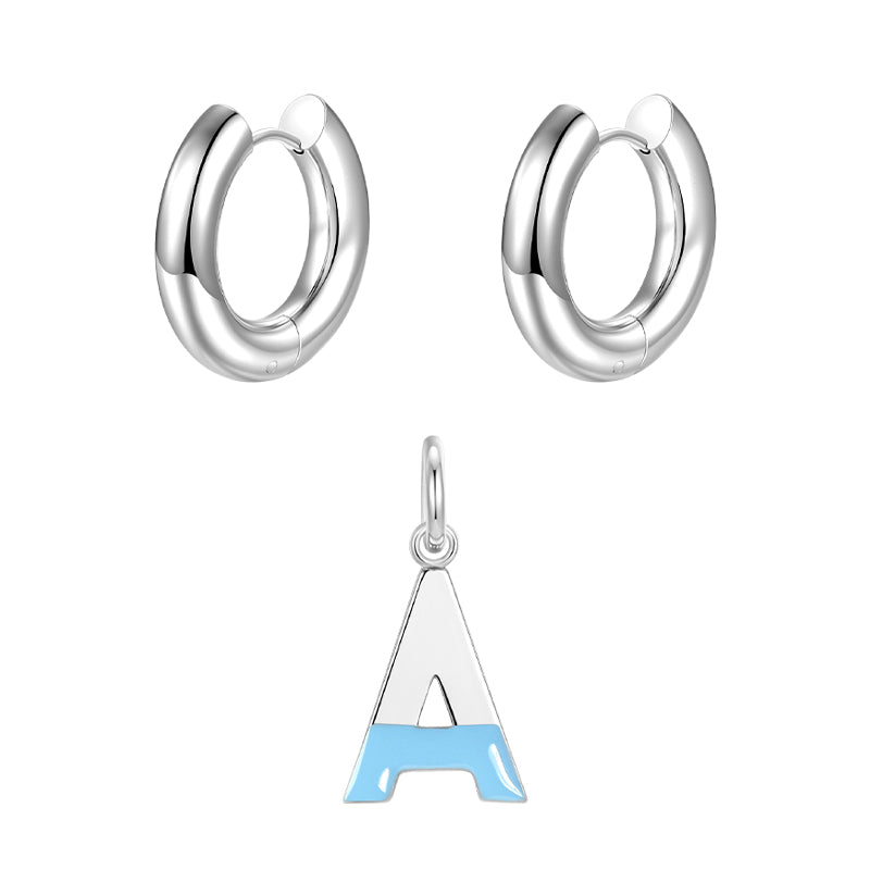 Round ear buckle and drip glaze letter pendant white gold set