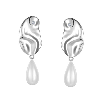 Flowing Metal Pearl Stud Earrings